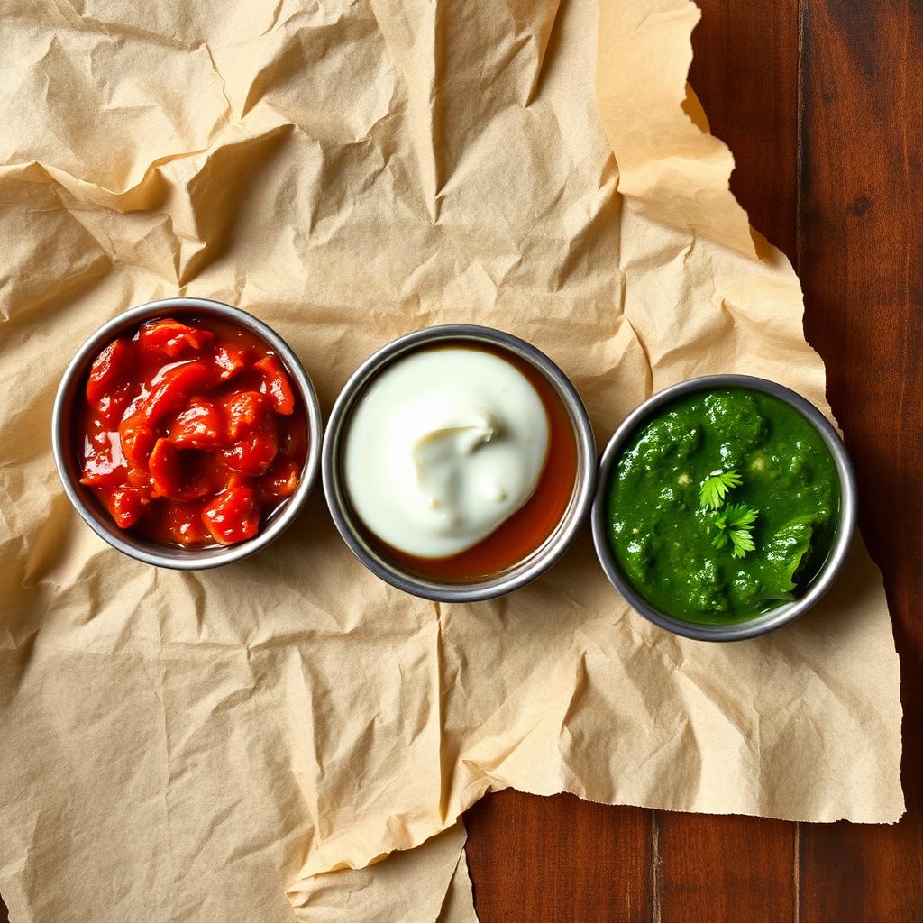 Three Indian chutneys in steel katoris on kraft paper