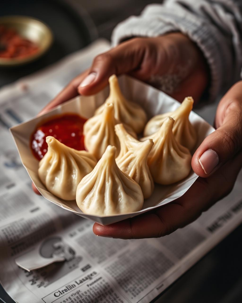 Plate of momos handed over with chilli chutney on newspaper