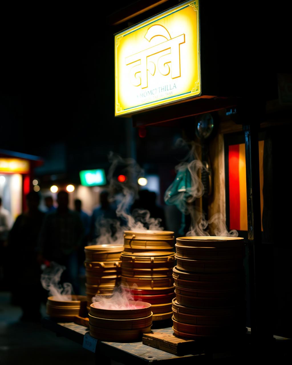 Delhi street momo thela at night with neon Hindi signage